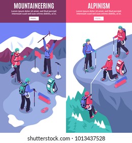 Mountain tourism vertical banners with alpinists climbing on rock and hoisting flag on peak isometric vector illustration 