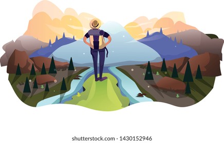 Mountain with tourist ,morning panoramic view, landscape early in daylight. travel camping, vector illustration website or banner. Outdoor
