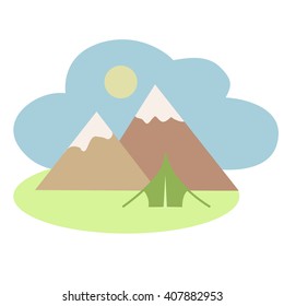 Mountain and tourist tent. Vector icon design element.
