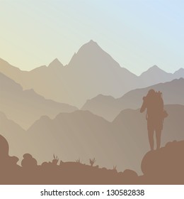 Mountain and a tourist, vector illustration