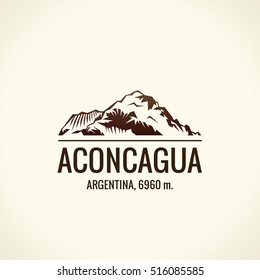 Mountain tourist vector logo. Emblem Mount adventures. Icon mount. Highest mountains in world. Aconcagua