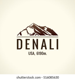 Mountain tourist vector logo. Emblem Mount adventures. Icon mount. Highest mountains in world. Denali, McKinley