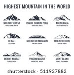 Mountain tourist vector logos set. Adventures Icon mount. Highest mountain in world. Everest and Ismoil Somoni Peak, Aconcagua, Denali, McKinley, Kilimanjaro, Elbrus, Ararat, Vinson Massif, Mont Blanc