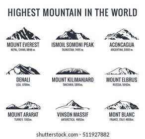 Mountain tourist vector logos set. Adventures Icon mount. Highest mountain in world. Everest and Ismoil Somoni Peak, Aconcagua, Denali, McKinley, Kilimanjaro, Elbrus, Ararat, Vinson Massif, Mont Blanc