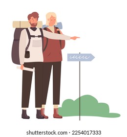 Mountain tourists exploring direction. Travelling map, hikers adventure vector illustration