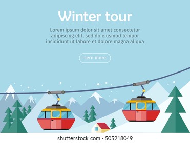 Mountain tours conceptual web banner. Funicular railway, cable railway car on winter landscape background. Ski lift, trolley car, transportation tourism, travel cabin, winter vacation, ropeway. Vector