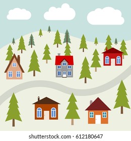 Mountain town vector illustration - colorful homes and forest trees.