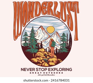 Mountain track. Explore more vector print design for t shirt and others. Mountain graphic print design for apparel, stickers, posters and background. Adventure artwork.	Never stop exploring.