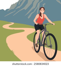 Mountain Trail Cycling. Woman rides her bicycle along a trail through scenic mountain landscape. Flat vector illustration isolated on white background
