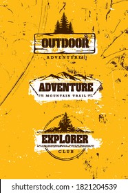 Mountain Trail Outdoor Adventure Sign Concept. Wilderness Survival Gear Illustration On Grunge Background With Pine Trees