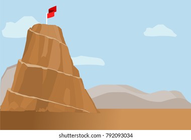 Mountain With Trail Path And Red Flag Illustration Vector