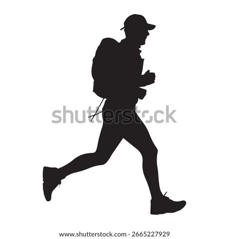 Mountain Trail Runner with Backpack Silhouette Vector on White Background