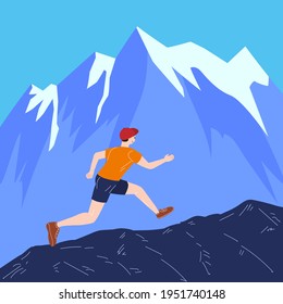 Mountain Trail Running Man in wild nature. Runner in landscape hills, running to win. Vector