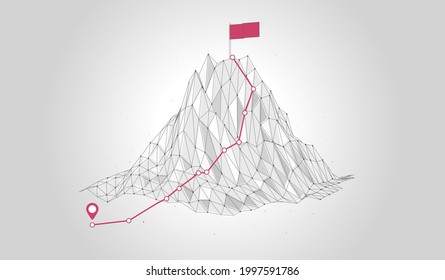 Mountain with trail to the top and red flag on the peak. Technology and wireframe style vector illustration.