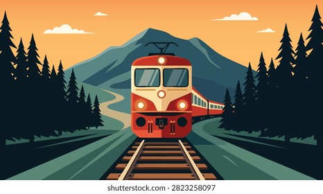 Mountain Train Landscape Vector Background for Travel Design