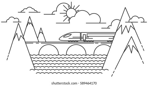 Mountain train on railway on the bridge. Line style travel background.