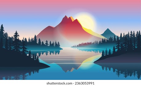 Mountain in tranquil landscape - Vector nature background with calm water, trees and mountaintop at sunset
