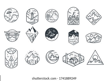 mountain travel emblems bundle. badges and logo patches. Mountain tourism, hiking. Forest camp labels in vintage style, Camping outdoor adventure emblems.