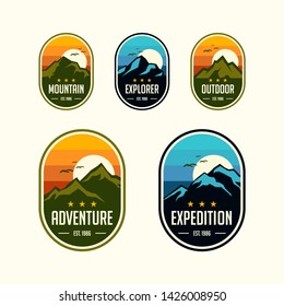 mountain travel emblems. Camping outdoor adventure emblems, badges and logo patches. Mountain tourism, hiking. Forest camp labels in vintage style