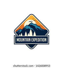 mountain travel emblems. Camping outdoor adventure emblems, badges and logo patches. Mountain tourism, hiking. Forest camp labels in vintage style