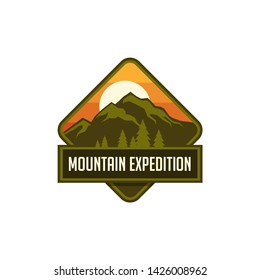 mountain travel emblems. Camping outdoor adventure emblems, badges and logo patches. Mountain tourism, hiking. Forest camp labels in vintage style