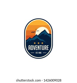mountain travel emblems. Camping outdoor adventure emblems, badges and logo patches. Mountain tourism, hiking. Forest camp labels in vintage style