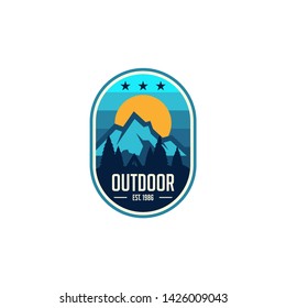 mountain travel emblems. Camping outdoor adventure emblems, badges and logo patches. Mountain tourism, hiking. Forest camp labels in vintage style