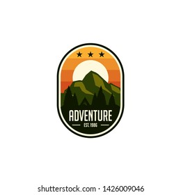 mountain travel emblems. Camping outdoor adventure emblems, badges and logo patches. Mountain tourism, hiking. Forest camp labels in vintage style