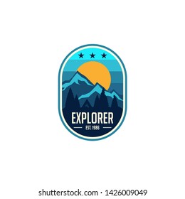 mountain travel emblems. Camping outdoor adventure emblems, badges and logo patches. Mountain tourism, hiking. Forest camp labels in vintage style