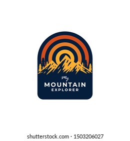 Mountain travel emblems. Camping outdoor adventure emblems, badges and logo patches. Mountain tourism, hiking. Forest camp labels in vintage style