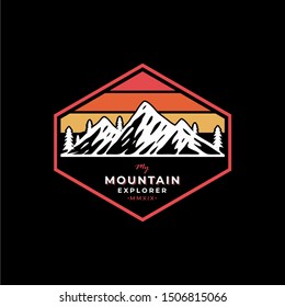 Mountain travel emblems. Camping outdoor adventure emblems, badges and logo patches. Mountain tourism, hiking. Forest camp labels in vintage style