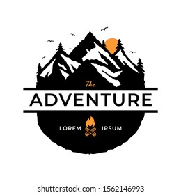 Mountain travel emblems. Camping outdoor adventure emblems, badges and logo patches. Mountain tourism, hiking. Forest camp labels in vintage style