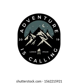 Mountain travel emblems. Camping outdoor adventure emblems, badges and logo patches. Mountain tourism, hiking. Forest camp labels in vintage style