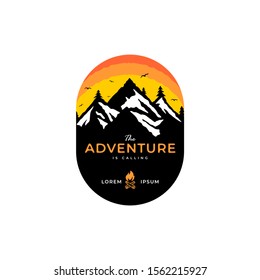 Mountain travel emblems. Camping outdoor adventure emblems, badges and logo patches. Mountain tourism, hiking. Forest camp labels in vintage style