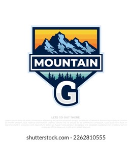 mountain travel emblems. Camping outdoor adventure emblems, badges and logo patches. Mountain tourism, hiking. Forest camp labels in vintage style