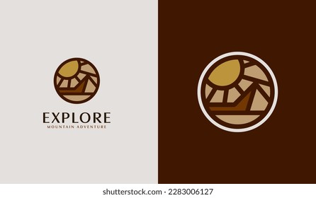 Mountain travel emblems. Camping outdoor adventure emblems, badges and logo patches. Mountain tourism, hiking. Universal creative premium symbol. Vector illustration