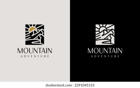 Mountain travel emblems. Camping outdoor adventure emblems, badges and logo patches. Mountain tourism, hiking. Universal creative premium symbol. Vector illustration