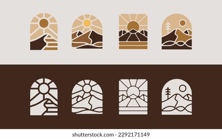 Mountain travel emblems. Camping outdoor adventure emblems, badges and logo patches. Mountain tourism, hiking. Universal creative premium symbol. Vector illustration