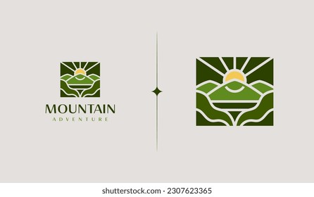 Mountain travel emblems. Camping outdoor adventure emblems, badges and logo patches. Mountain tourism, hiking. Universal creative premium symbol. Vector illustration