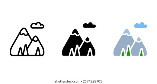 Mountain travel icon. Hiking and climbing to the peak sign. Downhill skiing symbol. Nature landscape illustration.