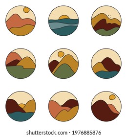 Mountain and travel icons. Vector flat illustration. Nature and landscape