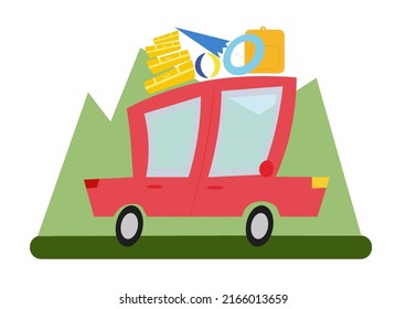 Mountain Travel Illustration. Vector flat cartoon car