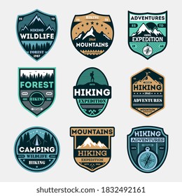 Mountain travel label. Wildlife adventure expedition, mountain hiking and forest camping club patch set. Camp tourism and mountaineering extreme travel isolated vector label and badge illustration