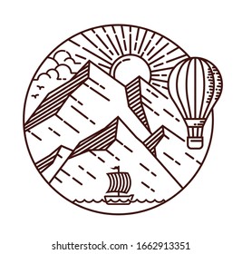 Mountain travel line illustration. hand drawn