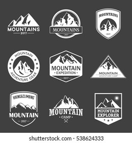 Mountain travel, outdoor adventures logo set. Hiking and climbing labels or icons for tourism organizations, events, camping leisure.