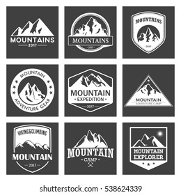 Mountain travel, outdoor adventures logo set. Hiking and climbing labels or icons for tourism organizations, events, camping leisure.