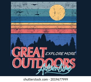 Mountain travel retro typography t shirt design. Great outdoors summer trek at the wild. Wilderness visit at the  holiday time vector artwork.