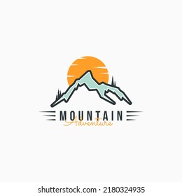 Mountain Travel Sunrise Logo Design. High Altitude Mountain And Misty Sun Logo Concept. Simple Adventure Logo Concept.