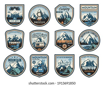 Mountain travel, tourism, camping active leisure isolated vector icons. Hiking tools, travel trailer and tent, backpack expedition equipment. Compass, binoculars and tourism clothing, skis labels set