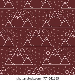 Mountain travel vector illustration hiking camping line nature cartoon seamless pattern background. Outline doodle rock style illustration with mountains peaks end graphic elements